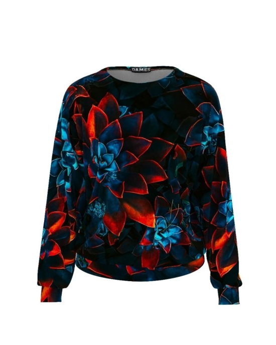 Bluza bleumarin tip hanorac din catifea cu print floral CMD462