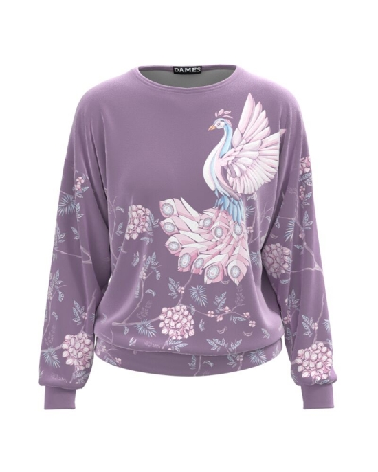 Bluza lila tip hanorac din catifea cu imprimeu floral CMD1707