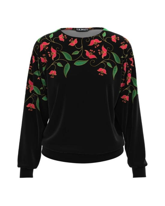 Bluza neagra print tip hanorac din catifea cu imprimeu floral CMD1405