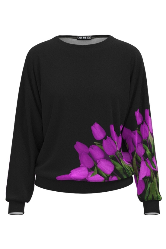 Bluza neagra tip hanorac din catifea cu imprimeu Lalele CMD3984