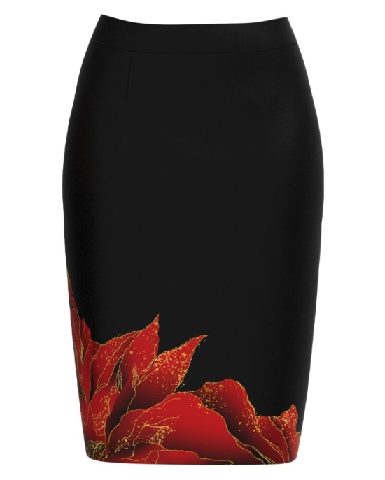 Fusta conica neagra imprimata cu model floral CMD3676