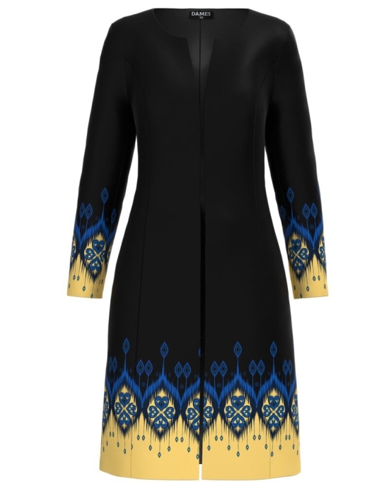 Jacheta de dama neagra lunga imprimata cu model Etnic CMD3046