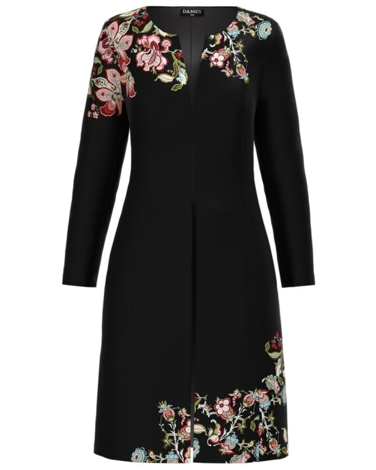 Jacheta de dama neagra lunga imprimata cu model floral CMD1280