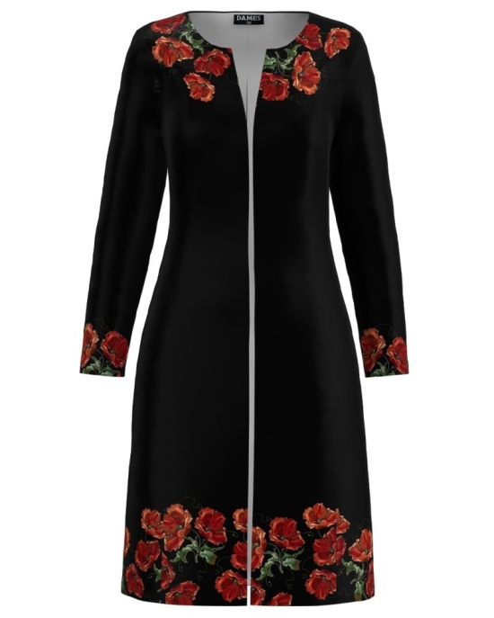 Jacheta de dama neagra lunga imprimata cu model Maci CMD1794