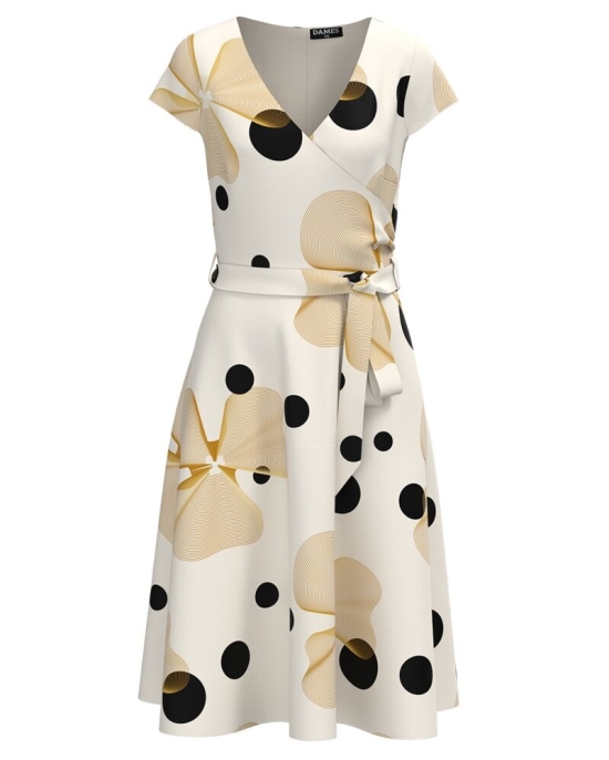 Rochie bej de vara cu maneca scurta imprimata cu model Abstract CMD2936