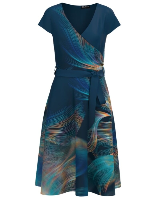 Rochie bleumarin de vara cu maneca scurta imprimata cu model abstract