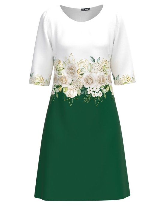 Rochie casual alb verde imprimata cu model trandafiri