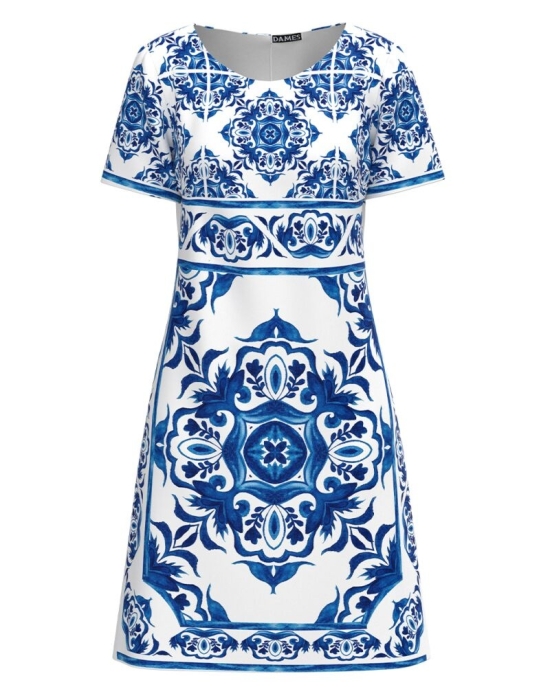 Rochie casual alba imprimata cu model floral Albastru CMD2923