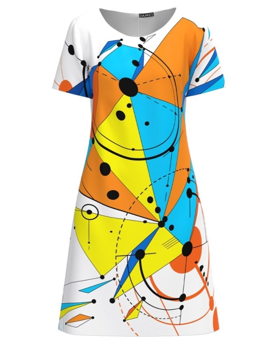 Rochie casual alba imprimata cu model geometric multicolor CMD2970