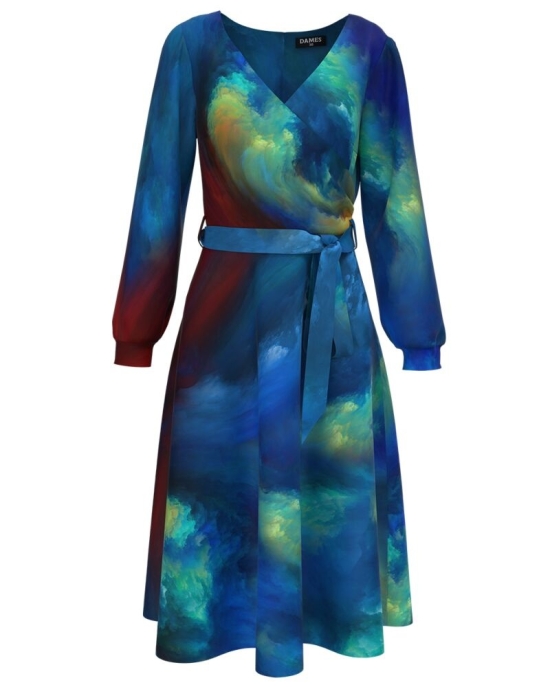 Rochie casual albastra imprimata cu model multicolor