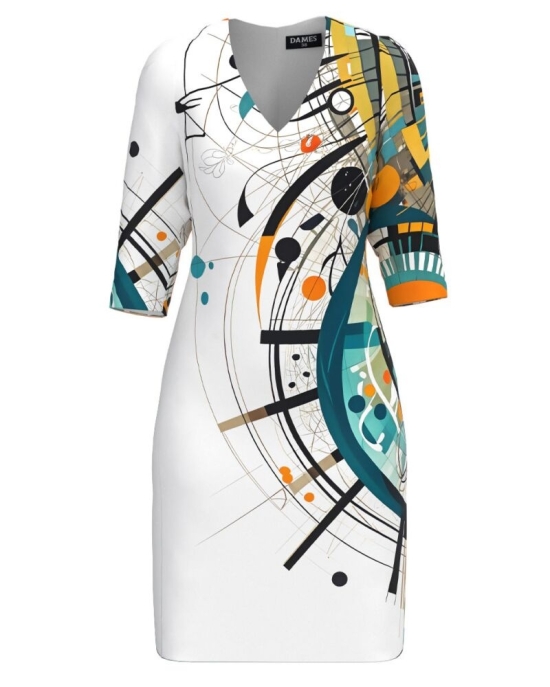Rochie casual cu decolteu in V imprimata multicolor abstract AW24
