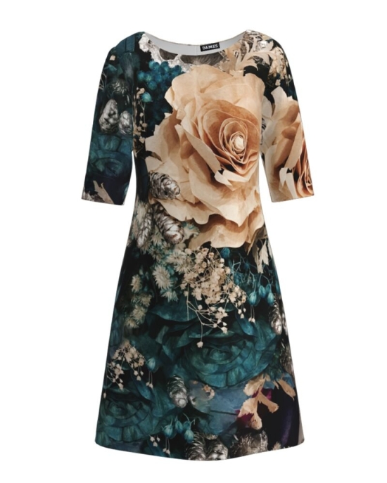 Rochie casual cu maneca imprimata digital Trandafir 3D CMD227