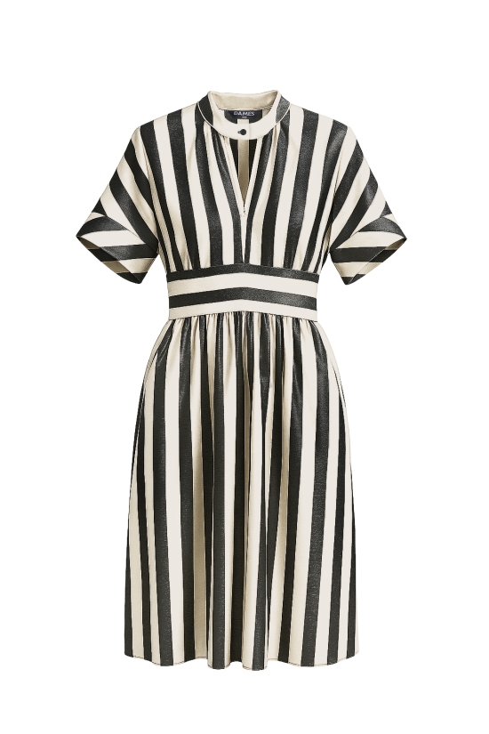 Rochie casual din in cu dungi verticale si guler tunica