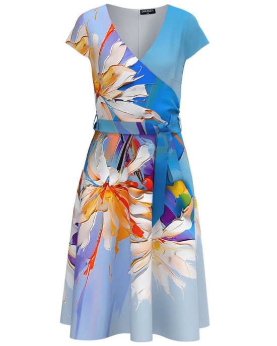 Rochie de vara bleu cu maneca scurta imprimata multicolor