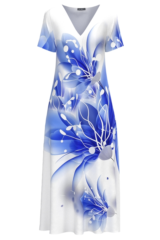 Rochie de vara lunga cu buzunare imprimata floare albastra