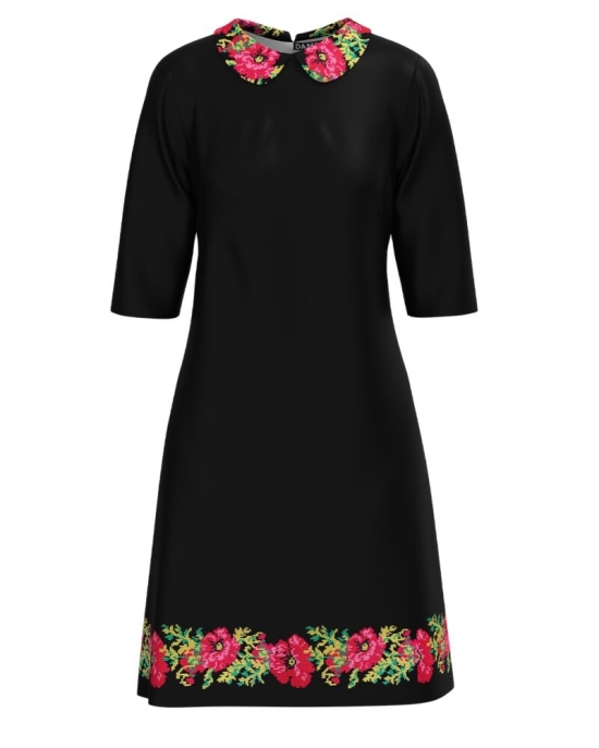 Rochie neagra casual cu guler imprimata floral CMD4979
