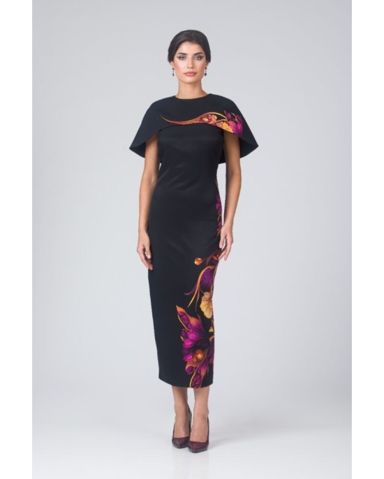 Rochie neagra lunga cu capa detasabila imprimata floral CMD4860