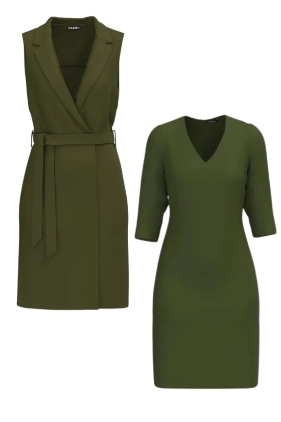 Set dama kaki - Vesta lunga si rochie dreapta cu decolteu in V