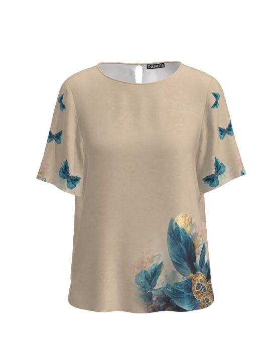 Bluza bej cu maneca scurta imprimata cu model floral CMD3732