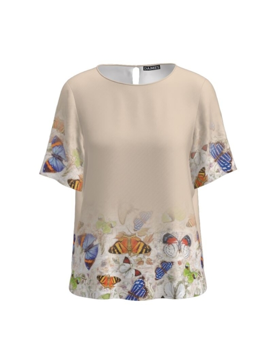 Bluza bej cu maneca scurta imprimata cu model fluturi CMD2790