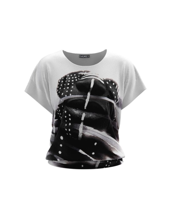 Bluza cu imprimeu Face alb negru din catifea cu maneca scurta CMD687