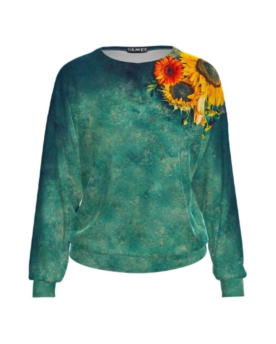 Bluza verde tip hanorac din catifea cu imprimeu Floarea soarelui CMD1784