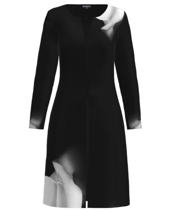 Jacheta de dama neagra lunga imprimata cu model in contrast CMD3559
