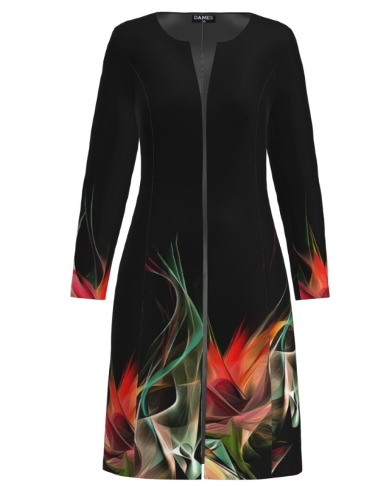 Jacheta de dama neagra lunga imprimata cu model multicolor CMD2771