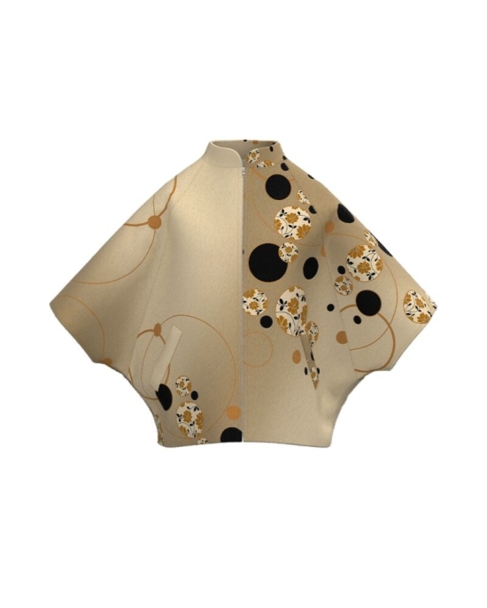 Poncho elegant din stofa bej imprimat cu model geometric CMD3526
