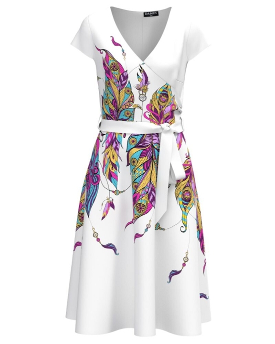 Rochie alba de vara cu maneca scurta imprimata cu model multicolor