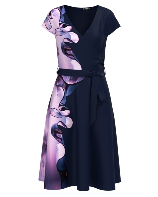 Rochie bleumarin de vara cu maneca scurta imprimata cu model abstract