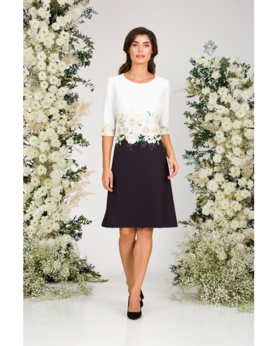 Rochie casual alb negru imprimata cu model trandafiri CMD2995