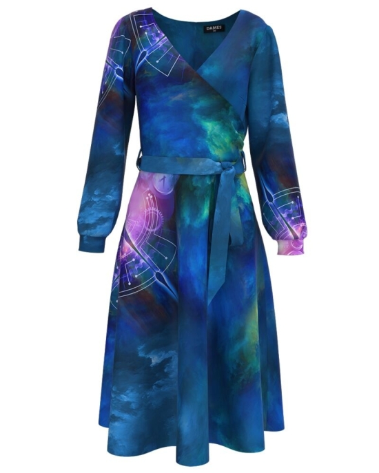 Rochie casual albastra imprimata cu model multicolor