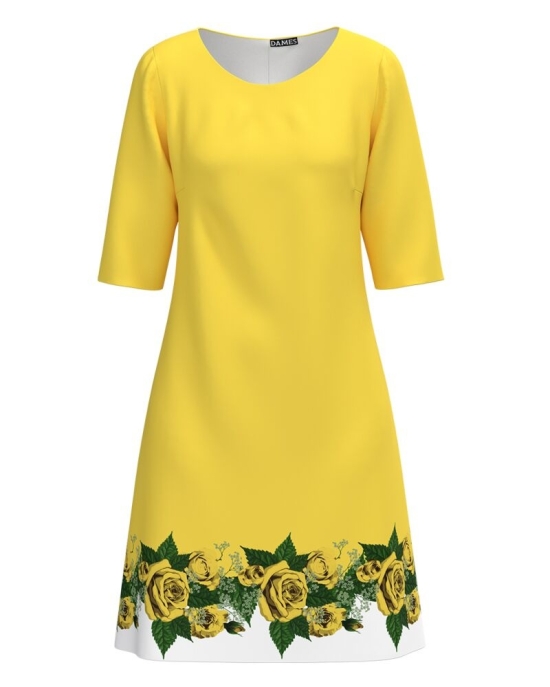 Rochie casual galbena imprimata cu model trandafiri CMD3891