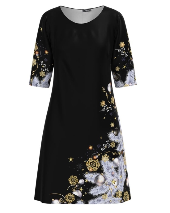 Rochie casual neagra imprimata cu model de Craciun CMD3582