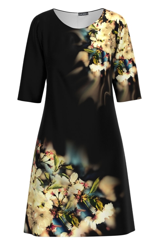 Rochie casual neagra imprimata cu model flori de cires CMD2925
