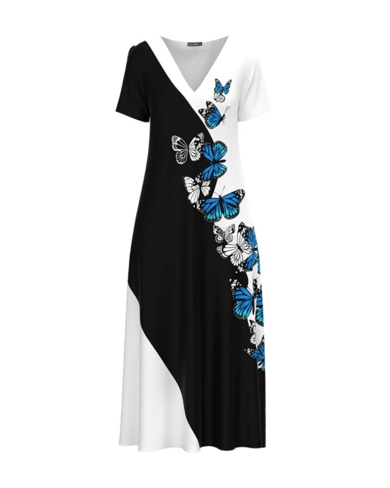 Rochie de vara alb negru lunga cu buzunare imprimata digital Fluturi CMD952