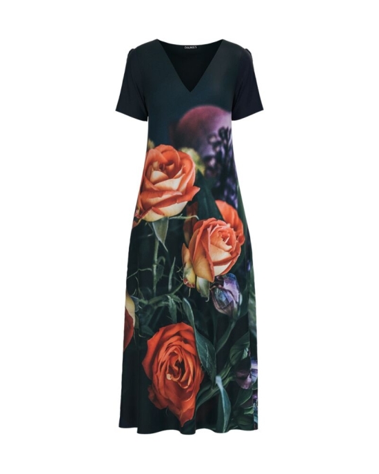 Rochie de vara neagra lunga cu buzunare imprimata Trandafiri CMD722