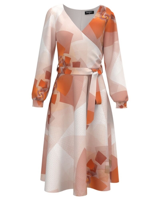 Rochie eleganta cu maneca lunga imprimata abstract Peach Fuzz