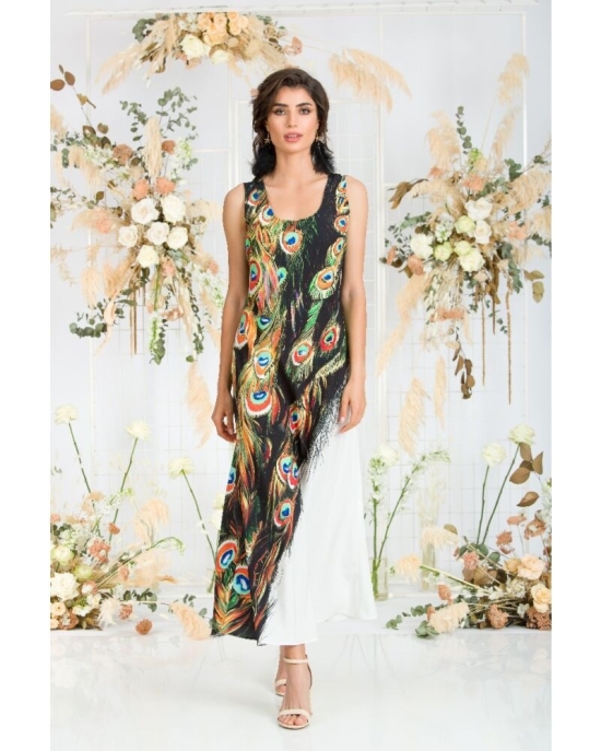Rochie lunga casual de vara cu buzunare, multicolora imprimata cu model paun CMD805