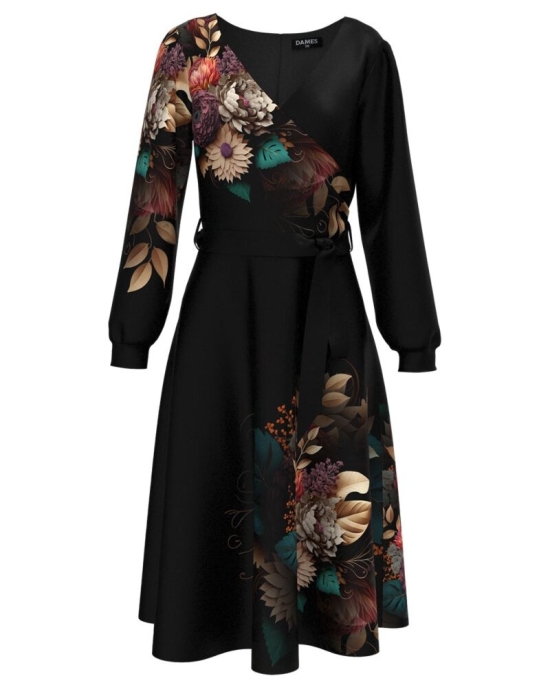 Rochie neagra cu maneca lunga imprimata floral CMD5247
