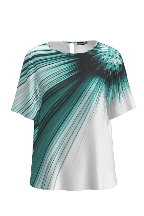 Bluza alba cu maneca scurta imprimata cu model abstract turcoaz CMD2581 - Img 2