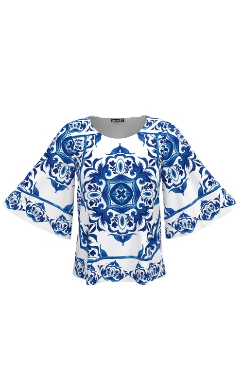 Bluza alba cu maneci tip fluture imprimata cu model albastru CMD4080 - Img 2