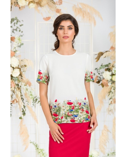 Bluza alba de vara cu maneca scurta si imprimeu Flori de camp CMD755 - Img 1