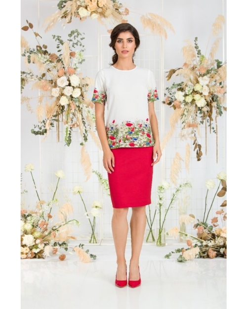 Bluza alba de vara cu maneca scurta si imprimeu Flori de camp CMD755 - Img 2