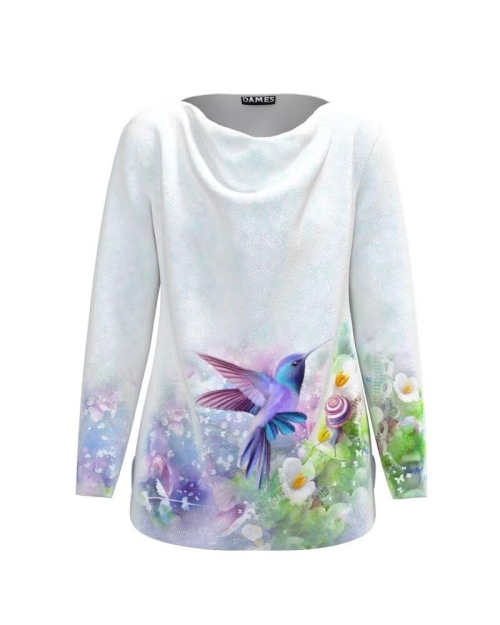 Bluza alba din catifea cu imprimeu Colibri CMD3744