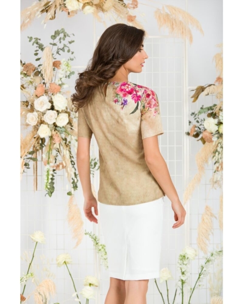 Bluza bej de vara cu maneca scurta si imprimeu floral CMD760 - Img 6