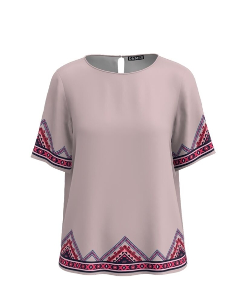 Bluza bej pudra cu maneca scurta imprimata cu model Etnic CMD3507