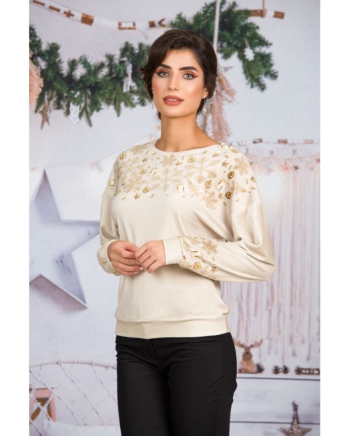 Bluza bej tip hanorac din catifea cu imprimeu de Craciun CMD1622 - Img 2