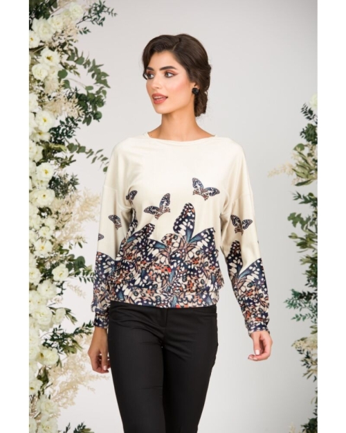 Bluza bej tip hanorac din catifea cu imprimeu fluturi CMD1704 Stoc - Img 2